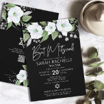 QR Code Bat Mitswa Zwart Zilver Bloemen Script Kaart<br><div class="desc">Wees trots, verheug je en laat deze mijlpaal van je favoriete Bat Mitswa zien! Stuur deze geavanceerde, moderne, gepersonaliseerde QR-code-uitnodiging voor een evenement om te onthouden. Een chique, prachtige, witte en faux zilveren glitter florale waterverf met faux zilveren folie script typografie en witte sans serif type overlay een dramatische zwarte...</div>