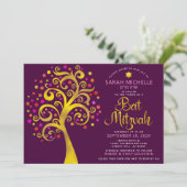 QR Code Bat Mitzvah Bordeaux Goud Boom des Levens Kaart (Staand voorkant)