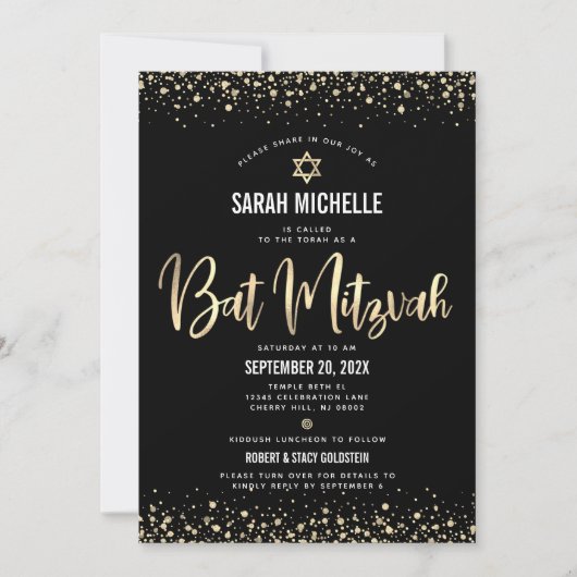 QR Code Bat Mitzvah Modern Zwart Goud Glitter Foli Kaart (Voorkant)