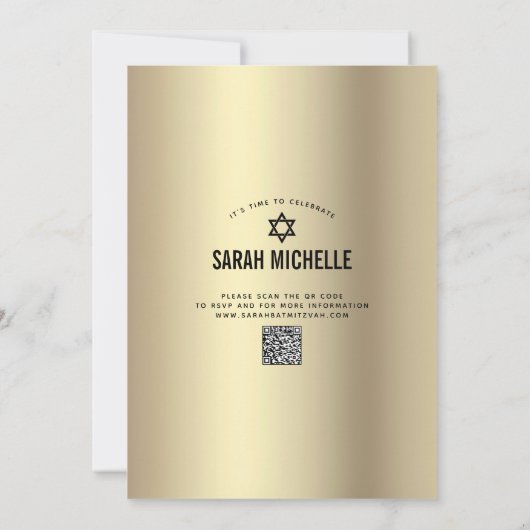 QR Code Bat Mitzvah Modern Zwart Goud Glitter Foli Kaart (Achterkant)