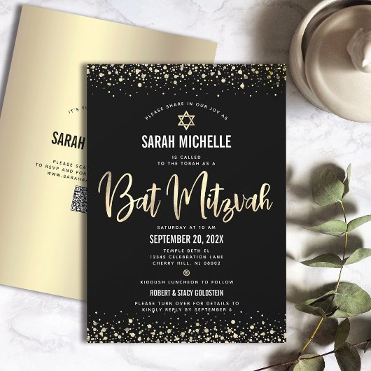 QR Code Bat Mitzvah Modern Zwart Goud Glitters Gla Kaart