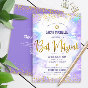 QR Code Bat Mitzvah Paars Aquarel Goud Glitter Kaart