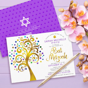 QR Code Bat Mitzvah Paars Goud Krachtig Boom des L Kaart