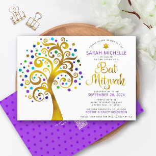 QR Code Bat Mitzvah Paars Goud Levensboom Vet Kaart
