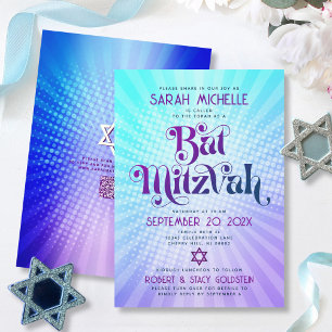 QR Code Bat Mitzvah Retro Blauw Paars Gradiënt Leu Kaart