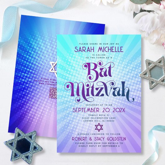 QR Code Bat Mitzvah Retro Blauw Paars Gradiënt Leu Kaart