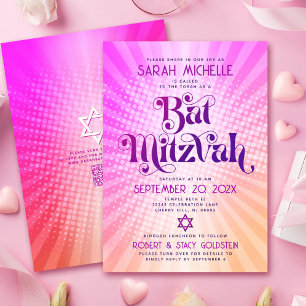 QR Code Bat Mitzvah Retro Roze Oranje Gradiënt Leu Kaart