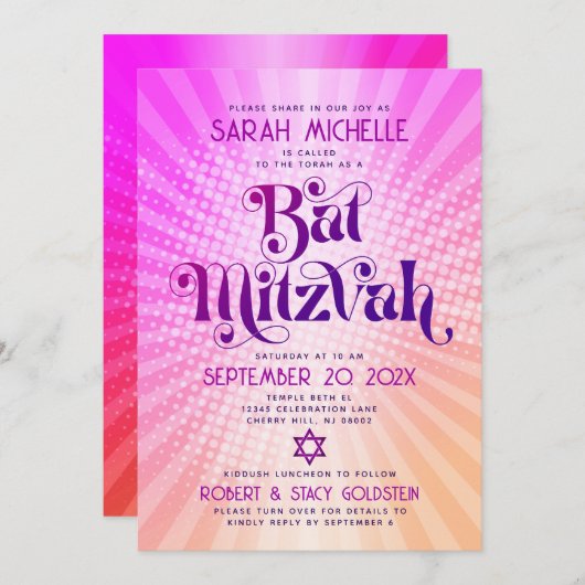 QR Code Bat Mitzvah Retro Roze Sinaasappel Gradien Kaart (Voorkant / Achterkant)