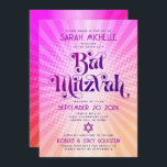 QR Code Bat Mitzvah Retro Roze Sinaasappel Gradien Kaart<br><div class="desc">Wees trots, verheug je en laat deze mijlpaal van je favoriete Bat Mitswa zien! Stuur deze leuke boho retro, gepersonaliseerde QR-code uitnodiging voor een evenement om te onthouden. Leuke, trendy, gedurfde donkerhete roze en paarse typografie met moderne sans serif typografie overlay een achtergrond van pop licht sinaasappel en roze ombre...</div>