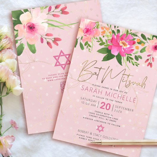 QR Code Bat Mitzvah Roze Bloem Goud Folie Script Kaart