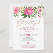 QR Code Bat Mitzvah Roze Bloem Goud Schrift Modern Kaart (Voorkant)