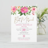 QR Code Bat Mitzvah Roze Bloem Goud Schrift Modern Kaart (Staand voorkant)