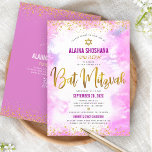 QR Code Bat Mitzvah Roze Waterverf Gouden Script Kaart<br><div class="desc">Wees trots, verheug je en laat deze mijlpaal van je favoriete Bat Mitswa zien! Stuur deze verbluffende, moderne, gepersonaliseerde QR-code-uitnodiging voor een evenement om te onthouden. Sparkly faux gouden folie script, glitter stippen, Star of David en handgeschreven script typografie overlay een zacht roze waterverf achtergrond. Op de achterkant, extra gouden...</div>