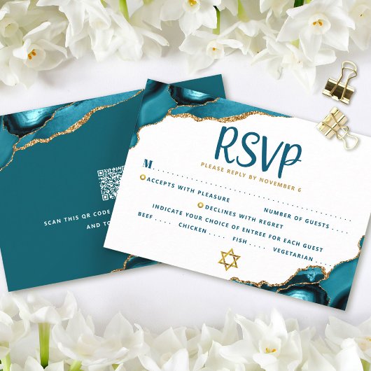 QR Code Bat Mitzvah Turquoise Agate Krachtige RSVP Kaart