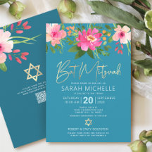 QR Code Bat Mitzvah Turquoise Bloem Goud Schrift