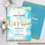 QR Code Bat Mitzvah Turquoise Gold Foil Waterverf Kaart<br><div class="desc">Wees trots, verheug je en laat deze mijlpaal van je favoriete Bat Mitswa zien! Stuur deze verbluffende, moderne, gepersonaliseerde QR-code-uitnodiging voor een evenement om te onthouden. Sparkly faux gouden folie script, glitter stippen, Star of David en handgeschreven script typografie overlay een turquoise blauw waterverf achtergrond. Op de achterkant, extra gouden...</div>