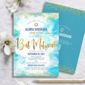 QR Code Bat Mitzvah Turquoise Gold Foil Waterverf Kaart