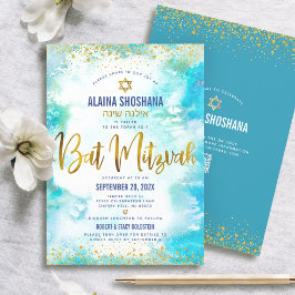 QR Code Bat Mitzvah Turquoise Gold Foil Waterverf Kaart