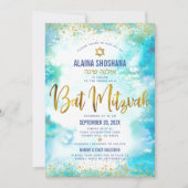 QR Code Bat Mitzvah Turquoise Gold Foil Waterverf Kaart (Voorkant)