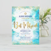QR Code Bat Mitzvah Turquoise Gold Foil Waterverf Kaart (Staand voorkant)