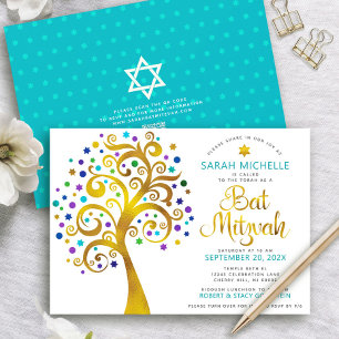 QR Code Bat Mitzvah Turquoise Goud Boom des Levens Kaart