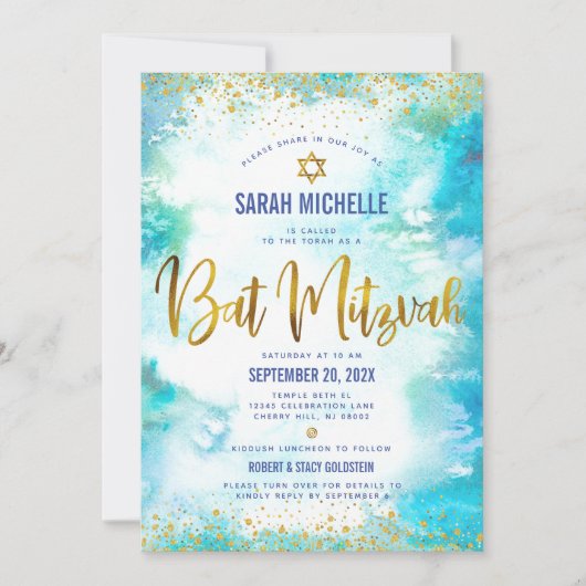 QR Code Bat Mitzvah Turquoise Waterverf Gold Folie Kaart (Voorkant)