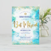 QR Code Bat Mitzvah Turquoise Waterverf Gold Folie Kaart (Staand voorkant)