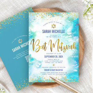 QR Code Bat Mitzvah Turquoise Waterverf Goud Folie Kaart