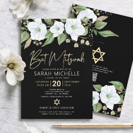 QR Code Bat Mitzvah Zwart Goud Bloemig Script Meis Kaart