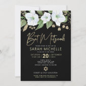 QR Code Bat Mitzvah Zwart Goud Bloemig Script Meis Kaart (Voorkant)