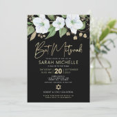 QR Code Bat Mitzvah Zwart Goud Bloemig Script Meis Kaart (Staand voorkant)