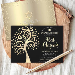 QR Code Bat Mitzvah Zwart Goud Boom des Levens Sch Kaart