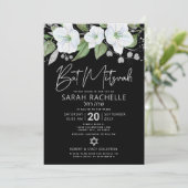 QR Code Bat Mitzvah Zwart Zilver Bloemrijk Schuing Kaart (Staand voorkant)