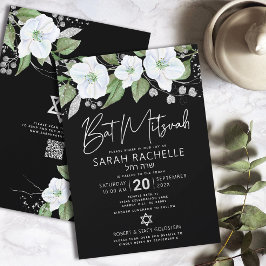 QR Code Bat Mitzvah Zwart Zilver Bloemrijk Schuing Kaart