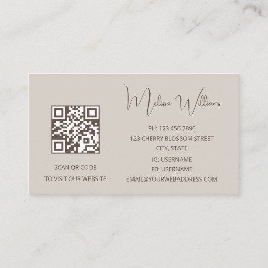 QR-code | Beige Abstract Art Initialen Visitekaartje (Achterkant)