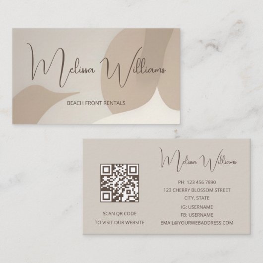 QR-code | Beige Abstract Art Initialen Visitekaartje (Voorkant / Achterkant)