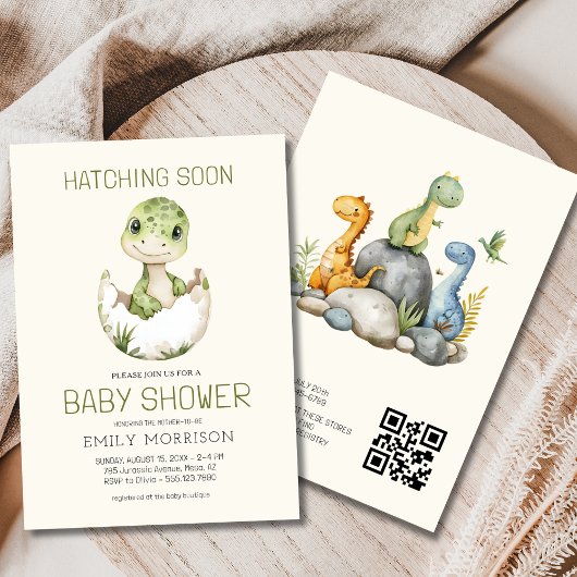 QR Code Beige Dinosaurus Hatching Soon Baby shower Kaart