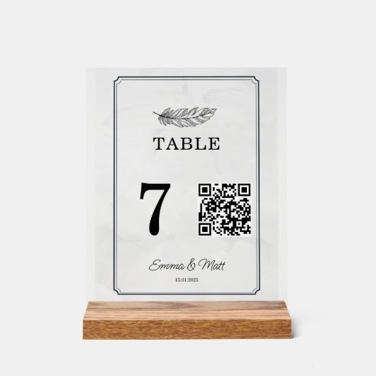 QR Code Beige Elegante Trouwtafel Nummer Kaart Acryl Bord (Voorkant)