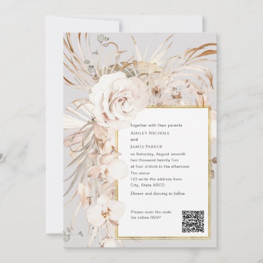 QR-code, beige elegante waterverf florale bruiloft Kaart (Voorkant)
