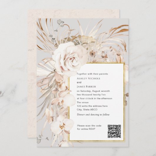 QR-code, beige elegante waterverf florale bruiloft Kaart (Voorkant / Achterkant)