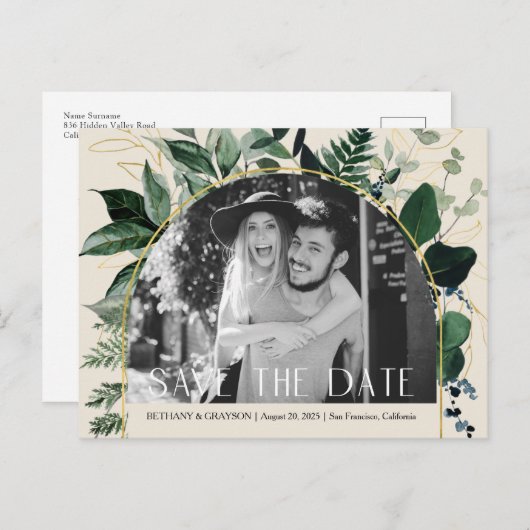 QR-code, Beige Greenery trouwfoto opslaan datum Aankondigingskaart (Voorkant / Achterkant)