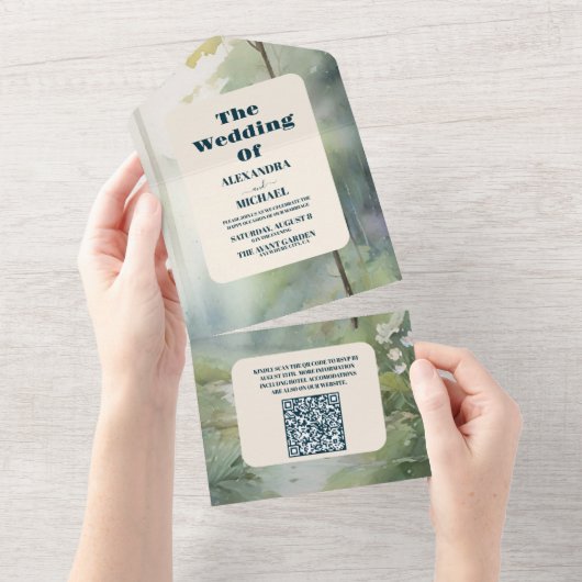 QR Code Bergbos Elegante Rustieke Bruiloft All In One Uitnodiging (Afscheurbaar)