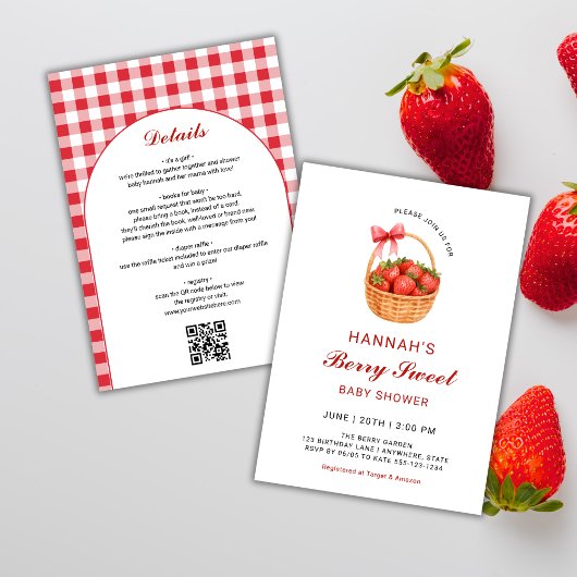 QR Code Berry Sweet Strawberry Girl Baby Shower Kaart