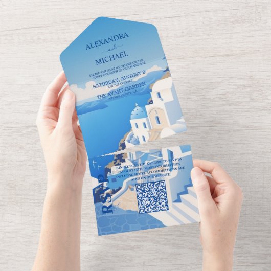 QR Code Bestemming Griekenland Santorini Bruiloft All In One Uitnodiging (Afscheurbaar)