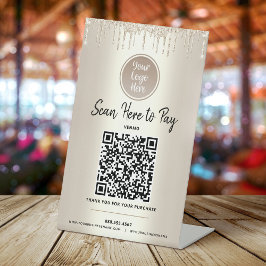 QR Code Betaal Hier Gouden Glitter Drips Aangepast Reclamebord Met Voetstuk