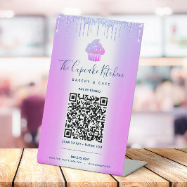 QR-code Betaal hier Paarse cupcake Glitter Bakery Reclamebord Met Voetstuk