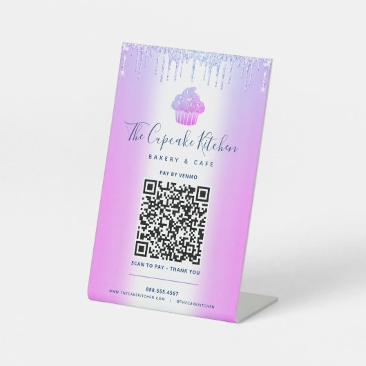 QR-code Betaal hier Paarse cupcake Glitter Bakery Reclamebord Met Voetstuk (Voorkant)