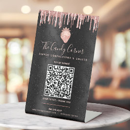 QR Code Betaal hier Roze Aardbei Glitter Zwart Reclamebord Met Voetstuk
