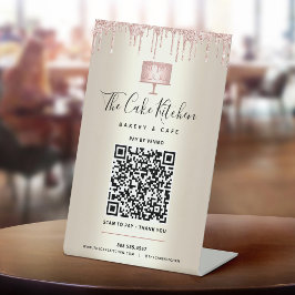 QR Code Betaal Hier Roze Cake Bakkerij Glitter Gou Reclamebord Met Voetstuk