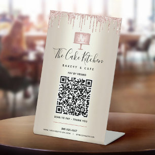 QR Code Betaal Hier Roze Cake Bakkerij Glitter Gou Reclamebord Met Voetstuk